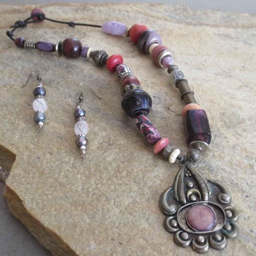 New Hand Crafted Set Necklace Earrings Purple Silver Colorful Boho Tribal